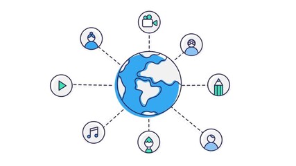 Global communication animation, connected world with technology, business, and social media network icons - Powered by Adobe