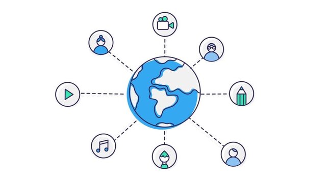 Global communication animation, connected world with technology, business, and social media network icons