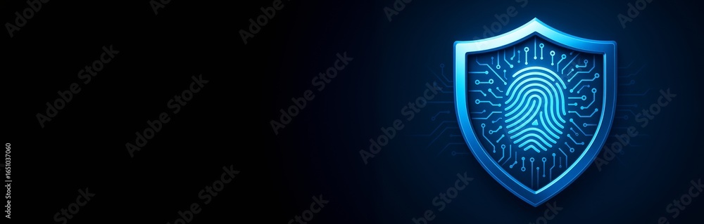 Poster cybersecurity shield with fingerprint circuit icon on dark background, symbolizing digital identity 