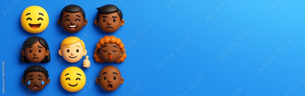 Poster colorful cartoon emoji faces with various emotions arranged on left with blue gradient background an
