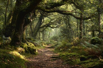 Obraz premium Sunlight filters through a mossy woodland path