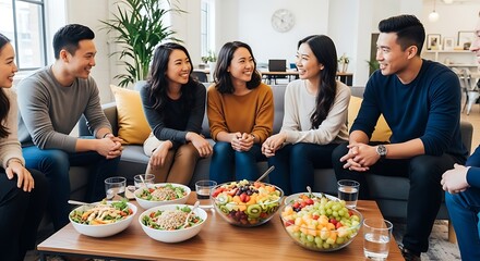 Happy Asian Friends Enjoying Healthy Lunch Together in Modern Living Room