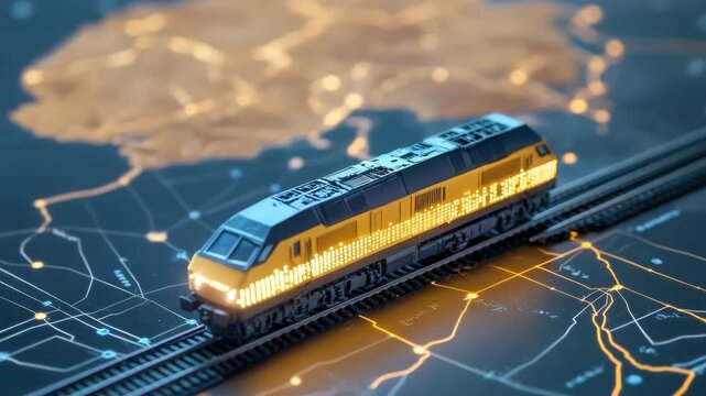 Illuminated train model on digital map demonstrating routes and connections