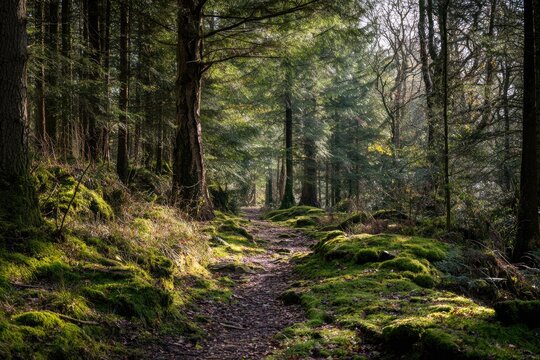 Sunlight filters through a mossy forest path
