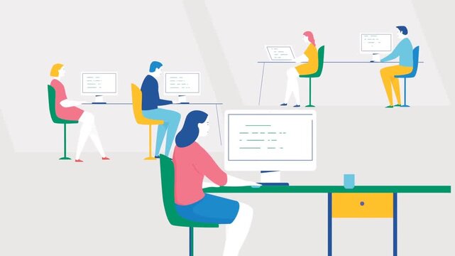 Office workspace animation, employees working on computers in professional corporate environment