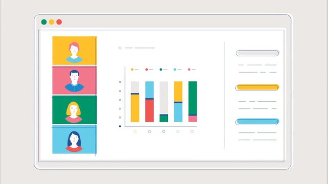 Animated online meeting with data charts, video call presentation for business teamwork and project updates
