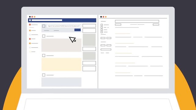 Animated laptop with email inbox, checking messages and managing communication in digital workspace