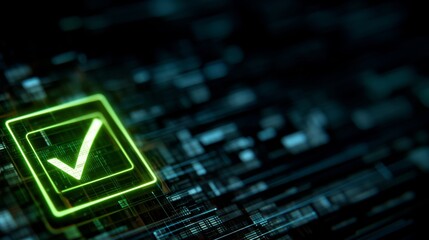 Digital technology background with a checkmark icon, glowing digital screen, vector illustration. Digital concept for business or web design.hologram, abstract, dark blue background