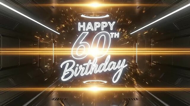 A vibrant and modern 60th birthday celebration message glows with bright golden light and sparkling particles within a sleek, futuristic tunnel.