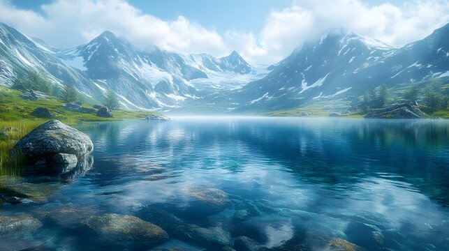 A serene alpine lake reflects snow-capped mountains under a cloudy sky, showcasing the pristine beauty of nature and the tranquility of a remote wilderness area.