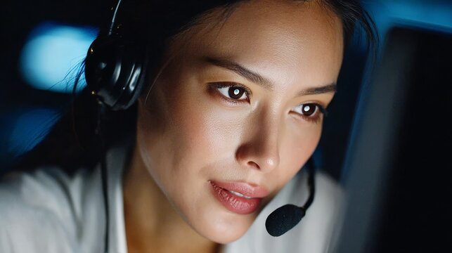 Expert call center agent in conference video call professional office setting asian female customer service specialist