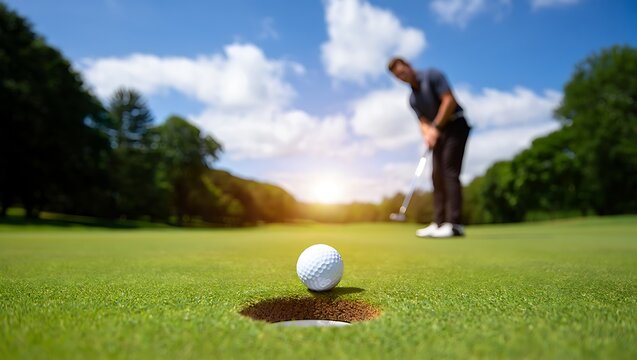 Golfer putting a golf ball into the hole on a green course on a sunny day with blue sky and clouds