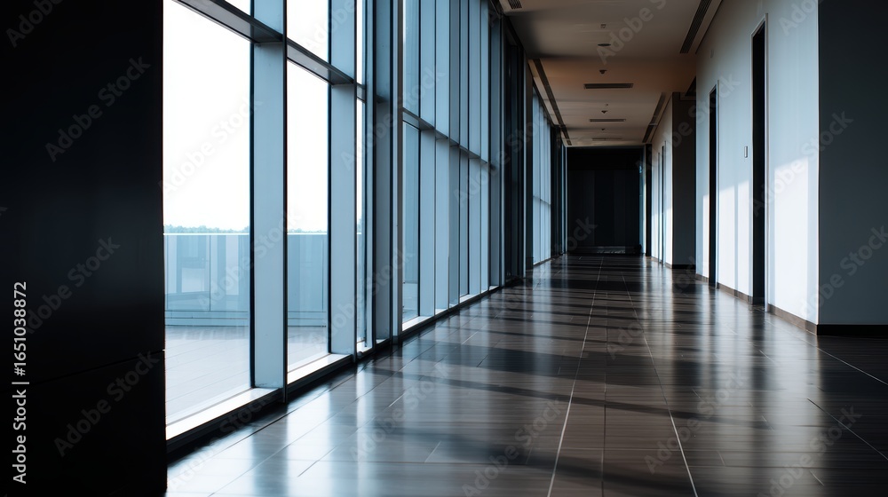 Poster modern hallway with large windows casting shadows, showcasing sleek architecture and minimalistic de
