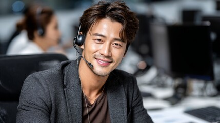 Fototapeta premium Expert customer service agent in call center modern office environment asian male at work with headset