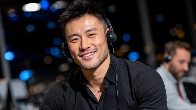 Expert customer service agents in a modern call center environment asian male coordinator with headset