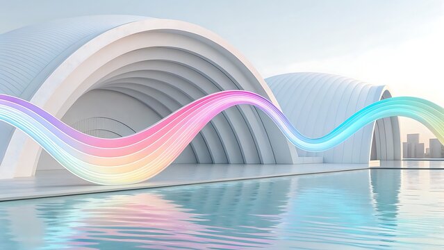 Building with rainbow wave reflected in water, perfect for lgbtq events, diversity concepts, or colorful architecture themes in design projects.