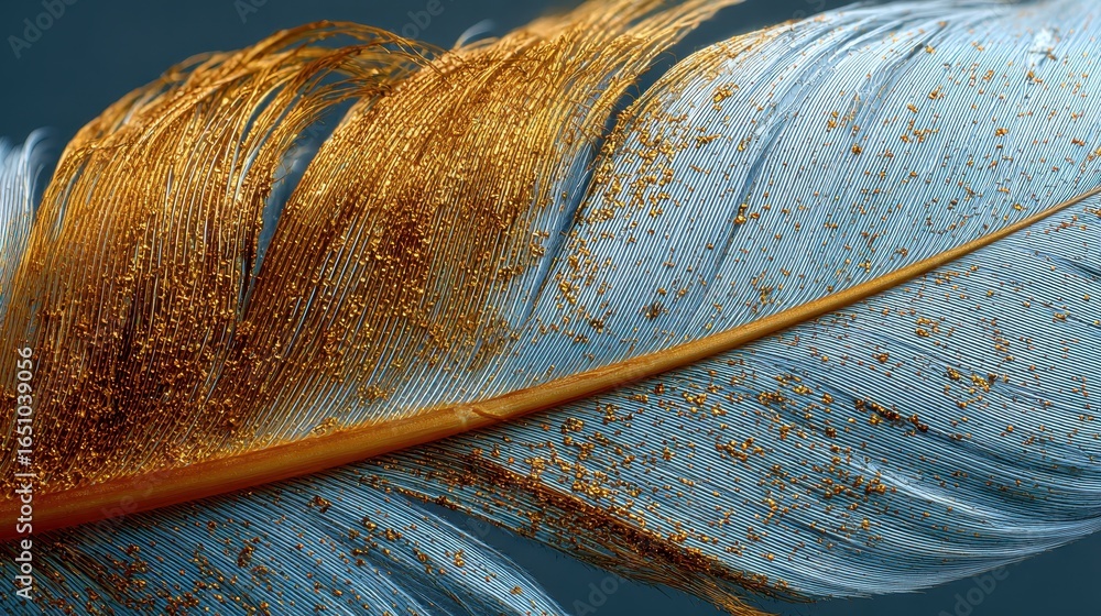 Poster macro shot of a feather with blue and golden textures over dark background. use this unique texture 