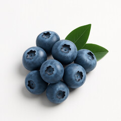 Fototapeta premium Cluster of fresh whole blueberries with green leaves, isolated on a clean white background with soft studio shadow. Minimal food image for nutrition and healthy eating themes.