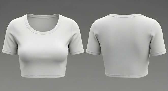 Realistic 3D Mockup of a Blank White Womens Crop Top T-Shirt, Featuring Front and Back Views on an Isolated Grey Background.