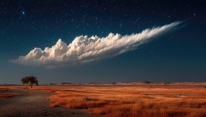 Vast, starry landscape with a solitary tree and a dramatic cloud