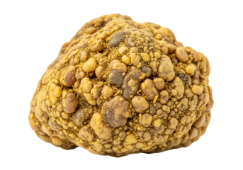 Close-up of a moldy rock with yellowish and grayish patches on a black background