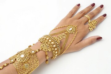 Intricate gold hand bracelet with ring isolated on white background