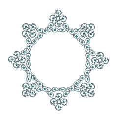 An intricate, star-shaped frame composed of stylized floral and leaf patterns in shades of grey and teal, featuring delicate curves and organic forms, on a white background