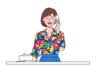 Receptionist on Call: A smiling receptionist exudes warmth while engaging in a phone conversation. The setting suggests a workspace environment. 