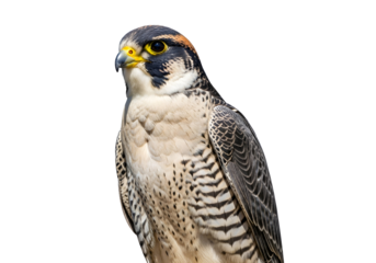 Close-up of a Peregrine Falcon against a black background showcasing sharp features and detailed