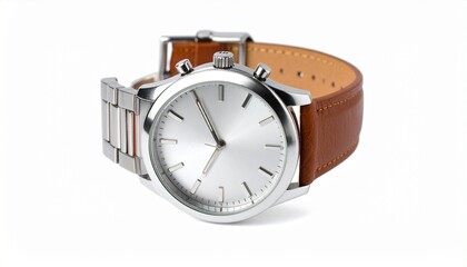 "Minimalist wristwatch with leather strap, isolated on white background, high-resolution product photo"
