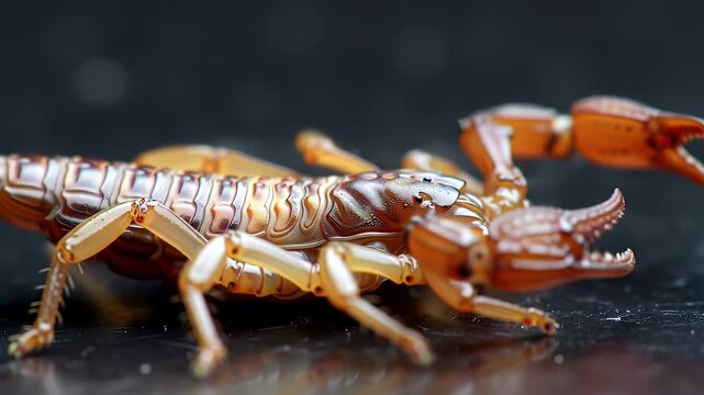 Macro Close-up of a Brown Arachnid with Prominent Pincers. Detailed View of Exotic Insect-like Creature on Dark Background.
