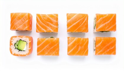 "Fresh sushi rolls with salmon and avocado, isolated on white background, top view"
