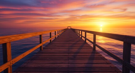 Obraz premium Wooden pier stretching into the ocean, perspective shot at sunset