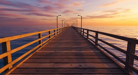 Naklejka premium Wooden pier stretching into the ocean, perspective shot at sunset