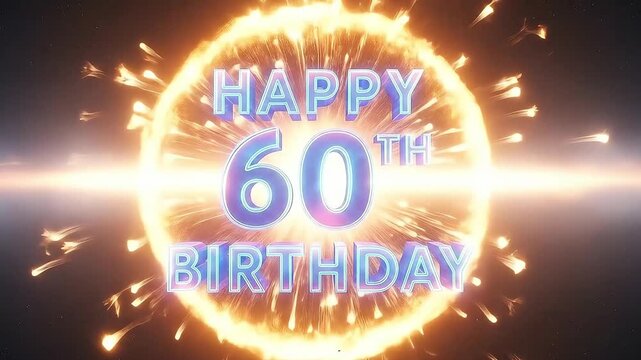 A vibrant and energetic digital graphic celebrates a significant 60th birthday milestone with glowing text and dazzling fiery sparks. - Powered by Adobe