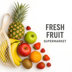 Fresh tropical fruits with eco bag on white background, healthy food concept with copy space for text, supermarket advertisement template, organic nutrition