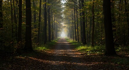 Obraz premium Pathway through a forest with trees in perspective