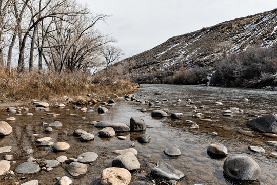 Scenic view of Truckee River with rocks near Reno city in the state of Nevada, USA