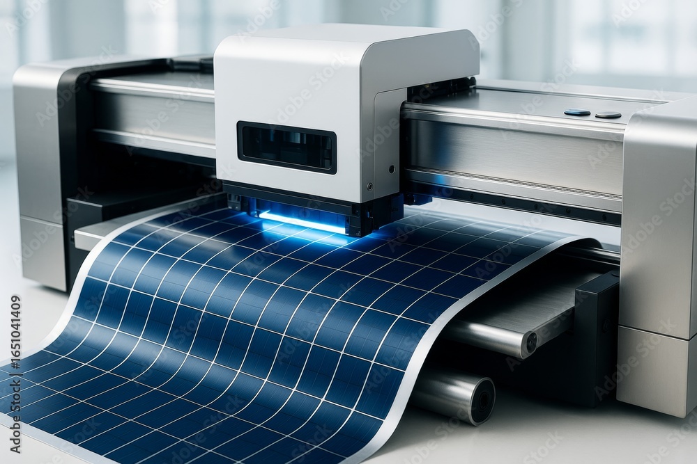 Aufkleber high-tech printer creating flexible solar panel sheets with glowing light on modern background in a 