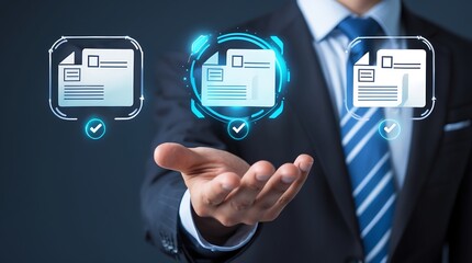 Businessman checking document management on virtual screen. Technology concept of data transfer, file recovery, computer backup, document or data folder transfer