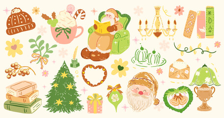 Hand drawn Christmas aesthetic, Whimsical Pink Christmas , Cute Christmas book, Mrs Santa Claus, Santa, Reindeer,Coquette Bow , Coquette Pink Bow ,Vintage Christmas,Christmas Tree Png, Girly Xmas 