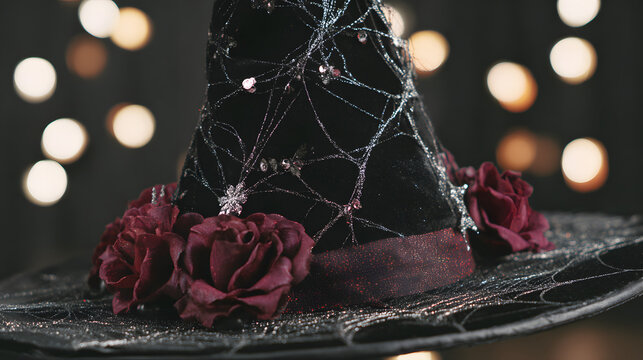 A velvet witch hat adorned with silver cobwebs and black satin ribbon, set against a mysterious moonlit Halloween backdrop.
