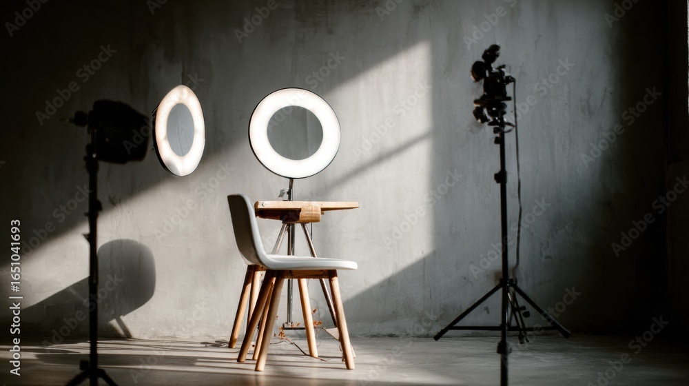 Poster empty studio setup with a chair, wooden table, and ring lights creating a serene workspace in soft n