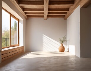 minimalist interior with white clay walls and raw texture features natural wooden beams and window frame creating bright and serene atmosphere with soft natural light