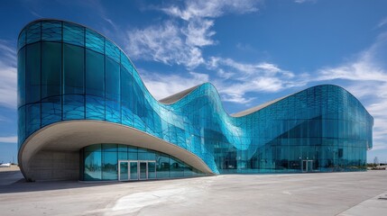 Modern blue glass aquatic center sunny day coastal background