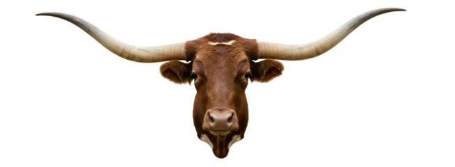 Front view of a Texas Longhorn head with long horns isolated on transparent cutout background, cut out, png