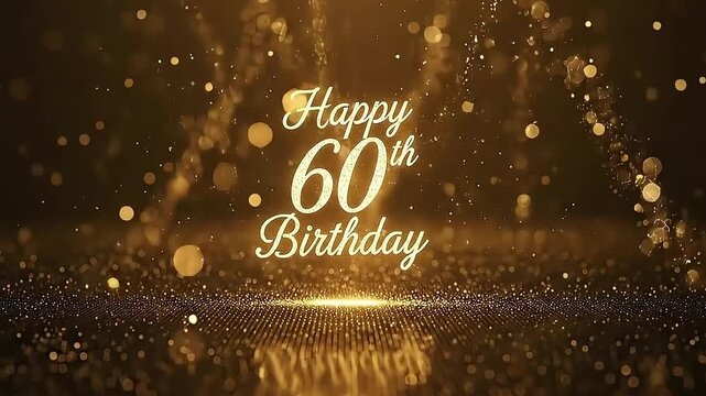 A dazzling golden background with shimmering particles and elegant typography celebrates a significant 60th birthday milestone, conveying joy and festivity.