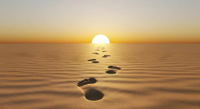 Perspective of footprints in sand leading to horizon, personal journey