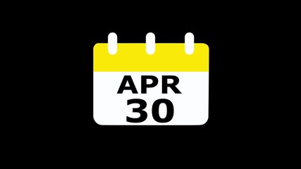 30 April calendar icon animation. Luma matte with transparent background 4K resolution