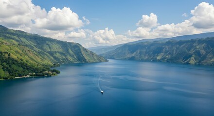 Obraz premium Tranquil Lake Toba A Scenic View of Serenity and Boat Journey, North Sumatra